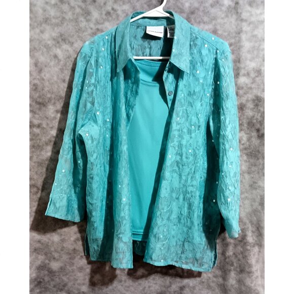 Gorgeous Alfred Dunner set - blouse & matching tank Wmn's Sz 16 aqua spangly - Picture 2 of 7
